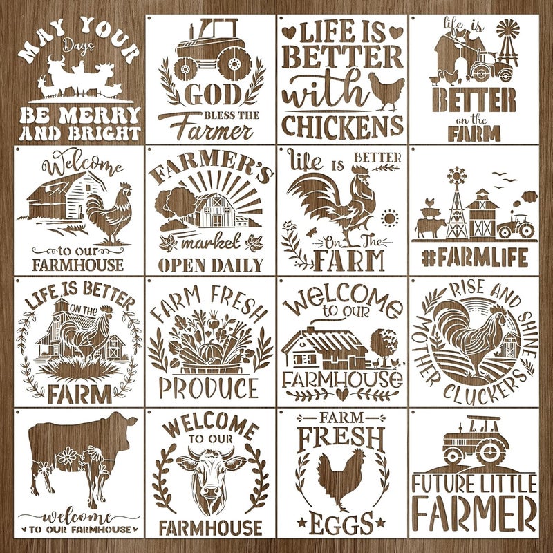 Keluna Farmhouse Stencils for Painting - 16 Pcs Reuasble Farm Animal Cow Chicken Reusable Stencils for Wood Burning Crafts Fabric Farm Sign Home Decor Template - Image 1